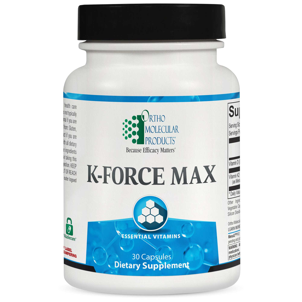 Supplement bottle labeled 'K-Force Max' by Ortho Molecular Products on a white background