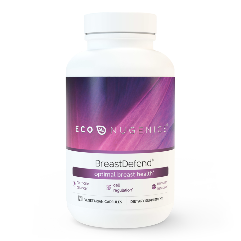 A bottle of EcoNugenics BreastDefend, a dietary supplement with a purple and white label, indicating it contains 120 capsules for optimal breast health.