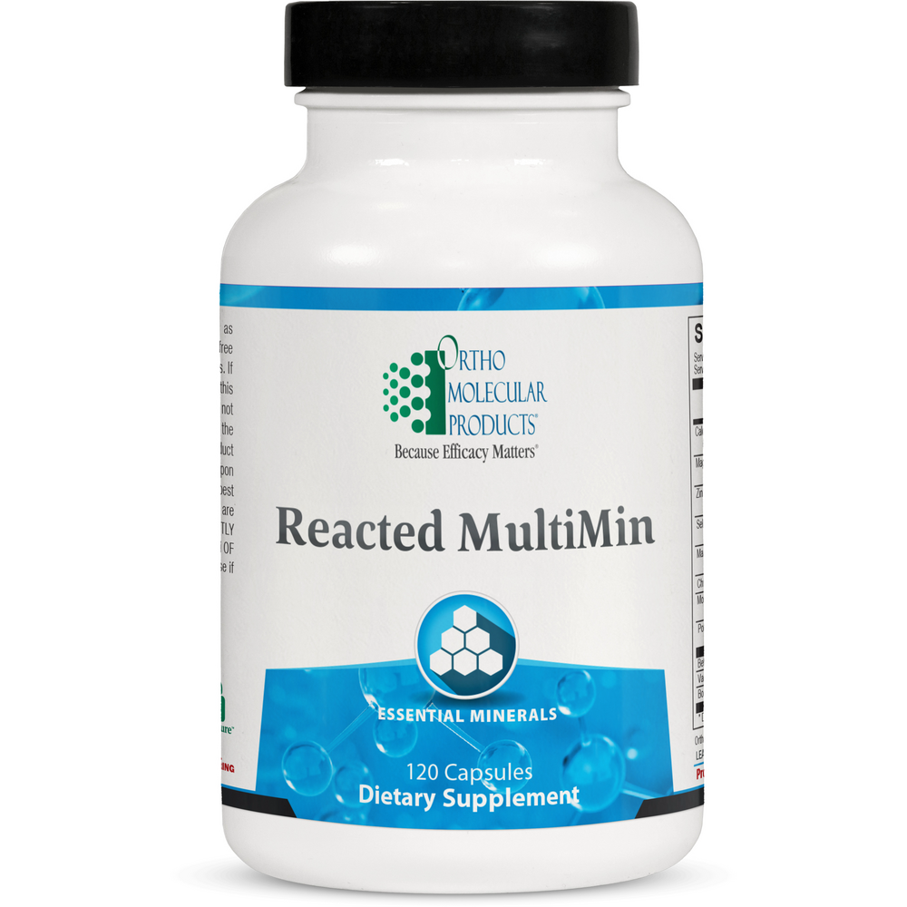 Supplement bottle labeled 'Reacted MultiMin' by Ortho Molecular Products on a white background
