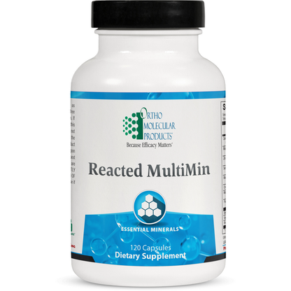 Supplement bottle labeled 'Reacted MultiMin' by Ortho Molecular Products on a white background