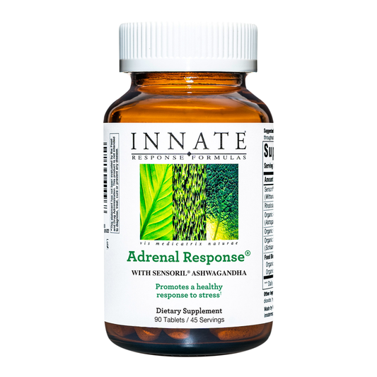 A bottle of Innate Response Adrenal Response dietary supplement with 90 tablets, featuring Sensoril ashwagandha, on a white background.
