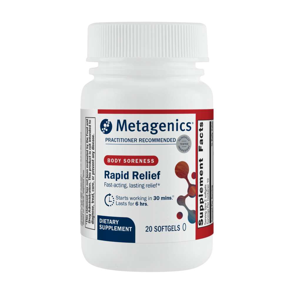 A picture of a bottle of Metagenics Rapid Relief for Body Soreness. 20 Count