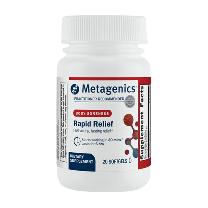 A picture of a bottle of Metagenics Rapid Relief for Body Soreness. 20 Count