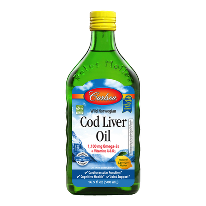 Bottle of Carlson Cod Liver Oil on a white background