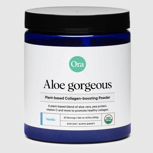 Ora Aloe Gorgeous plant-based collagen-boosting powder container on a white background