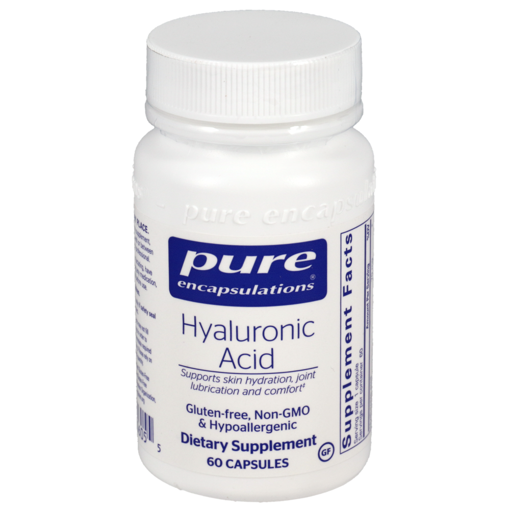White supplement bottle labeled 'pure encapsulations Hyaluronic Acid' on a white background