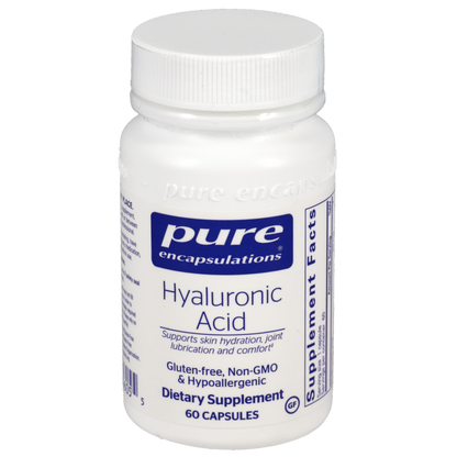 White supplement bottle labeled 'pure encapsulations Hyaluronic Acid' on a white background