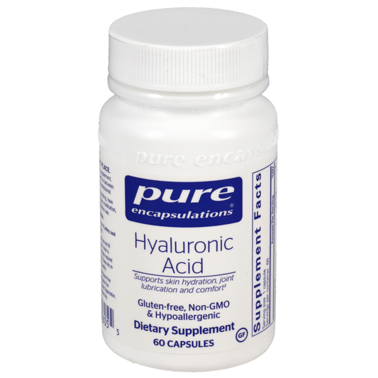 White supplement bottle labeled 'pure encapsulations Hyaluronic Acid' on a white background