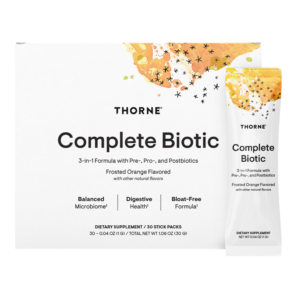 Thorne Complete Biotic supplement packaging with a frosted orange flavor on a white background