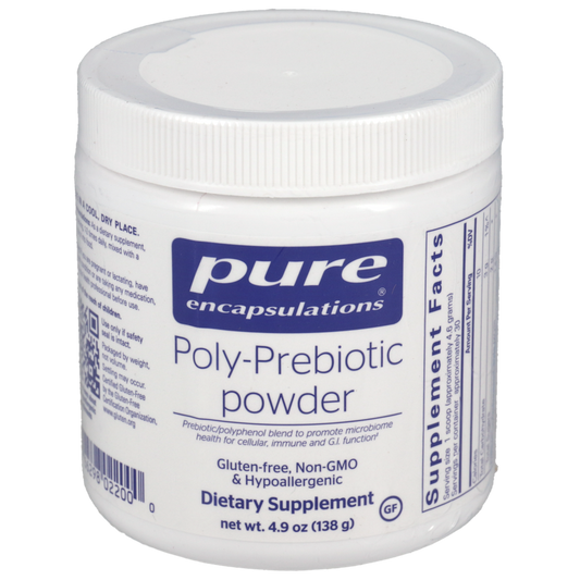 Jar of pure encapsulations Poly-Prebiotic powder on a white background