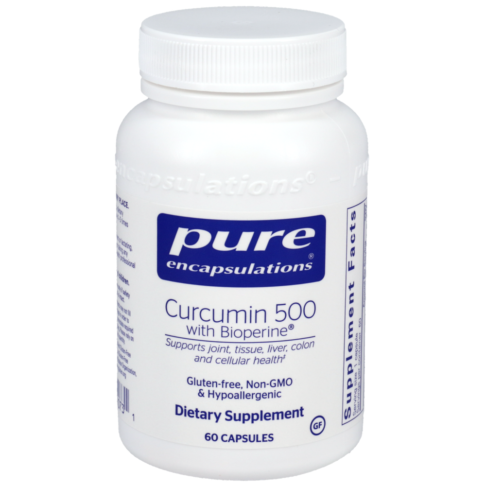 White supplement bottle labeled 'pure encapsulations Curcumin 500 with Bioperine' on a white background