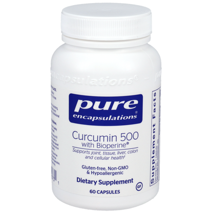 White supplement bottle labeled 'pure encapsulations Curcumin 500 with Bioperine' on a white background