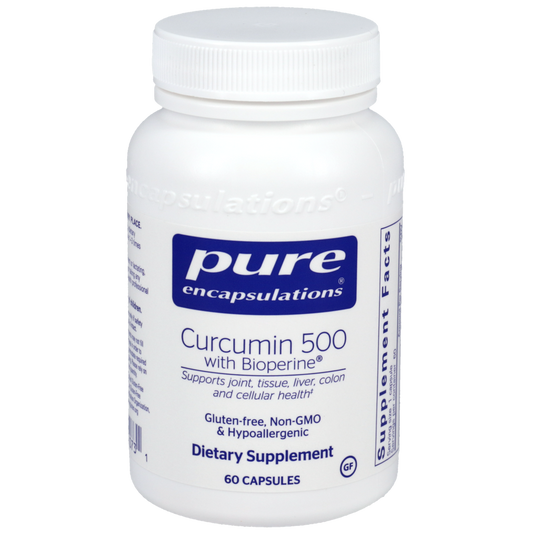 White supplement bottle labeled 'pure encapsulations Curcumin 500 with Bioperine' on a white background