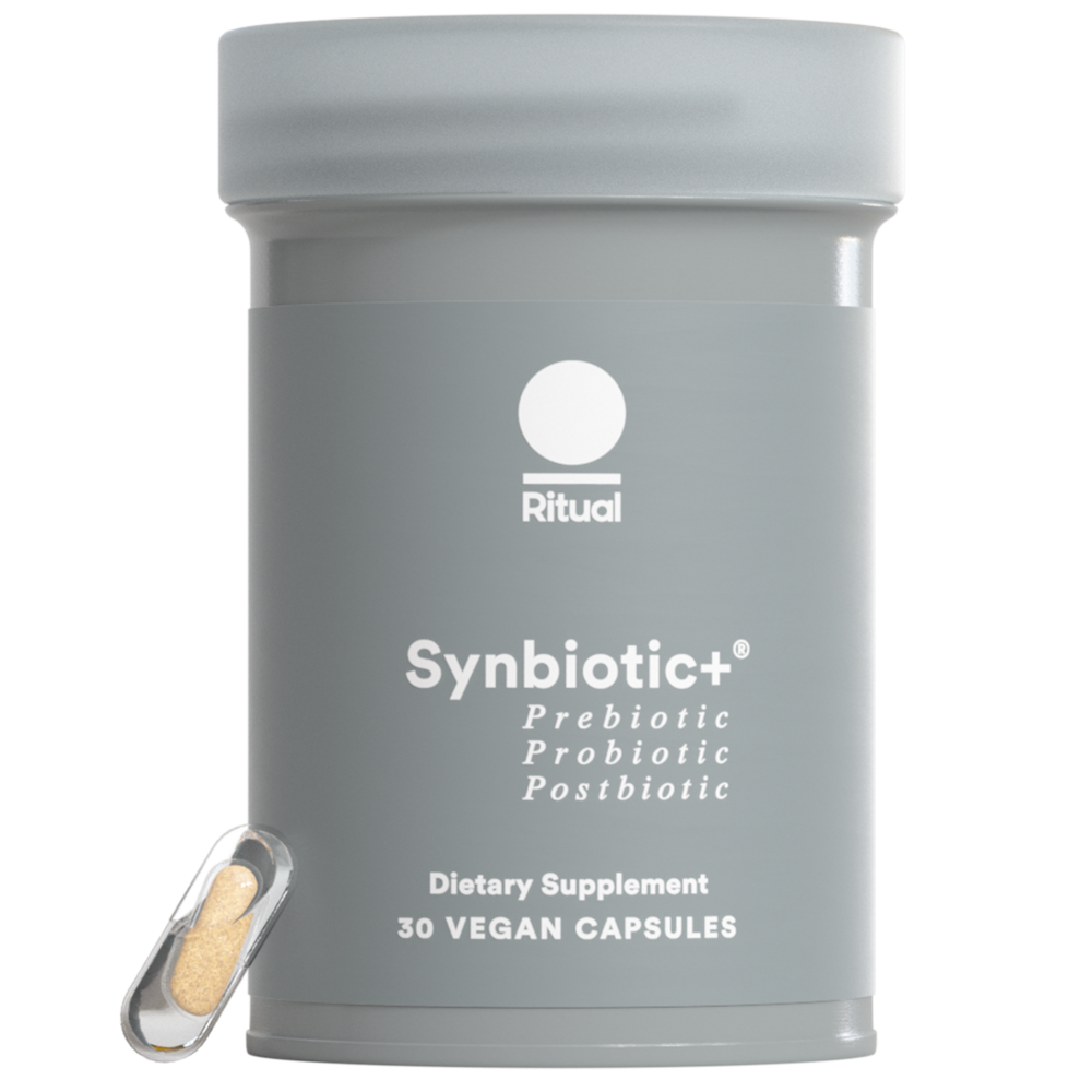 Gray container of Ritual Synbiotic+ dietary supplement on a white background