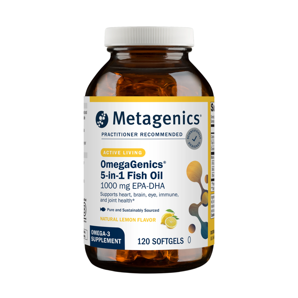 A bottle of Metagenics OmegaGenics 5 in 1 Fish Oil with a natiral lemon,  flavor.  120 softgels