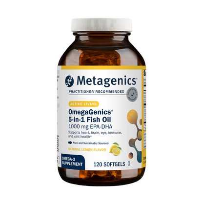 A bottle of Metagenics OmegaGenics 5 in 1 Fish Oil with a natiral lemon,  flavor.  120 softgels