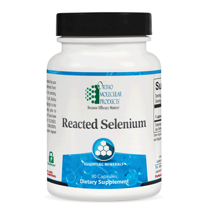 Supplement bottle labeled 'Reacted Selenium' by Ortho Molecular Products on a white background