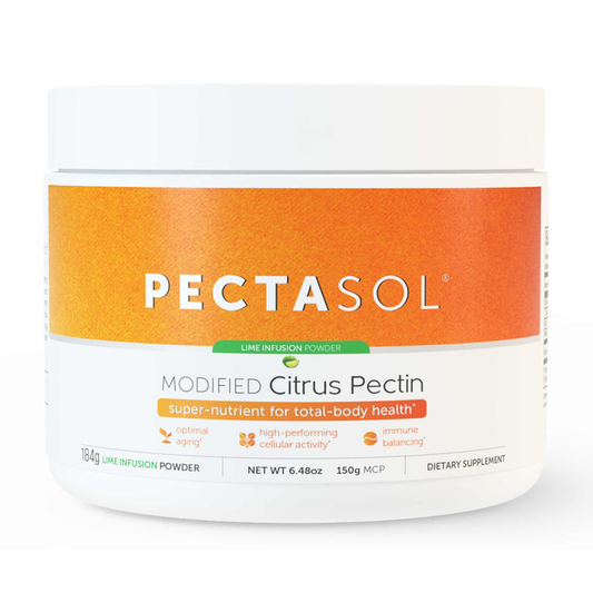 A container of EcoNugenics Pectasol Modified Citrus Pectin, Lime Infusion Powder, with product information on the label.