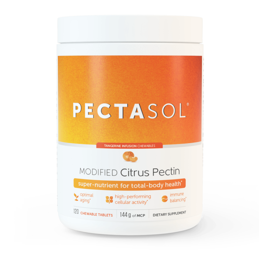 A container of EcoNugenics PectaSol Modified Citrus Pectin Chewable Tablets in Tangerine Flavor.