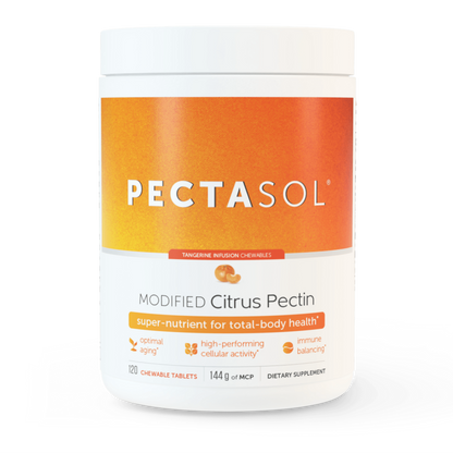 A container of EcoNugenics PectaSol Modified Citrus Pectin Chewable Tablets in Tangerine Flavor.