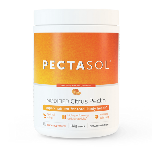 A container of EcoNugenics PectaSol Modified Citrus Pectin Chewable Tablets in Tangerine Flavor.