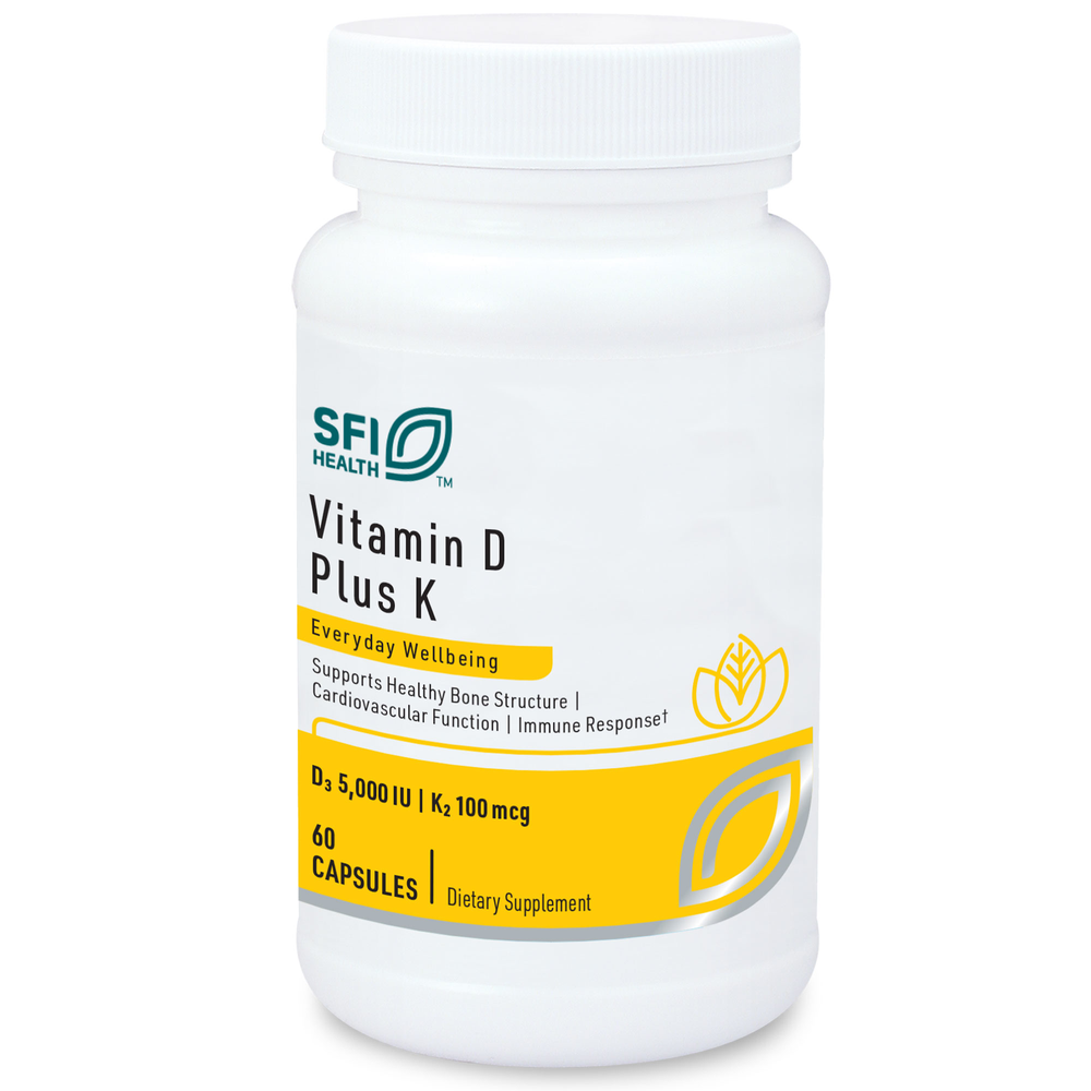 Supplement bottle labeled 'Vitamin D Plus K' by SFI Health on a white background