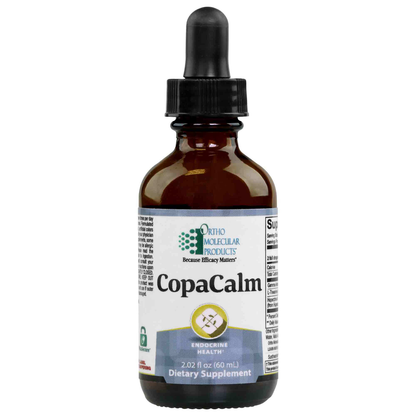 Bottle of CopaCalm dietary supplement with dropper on a white background