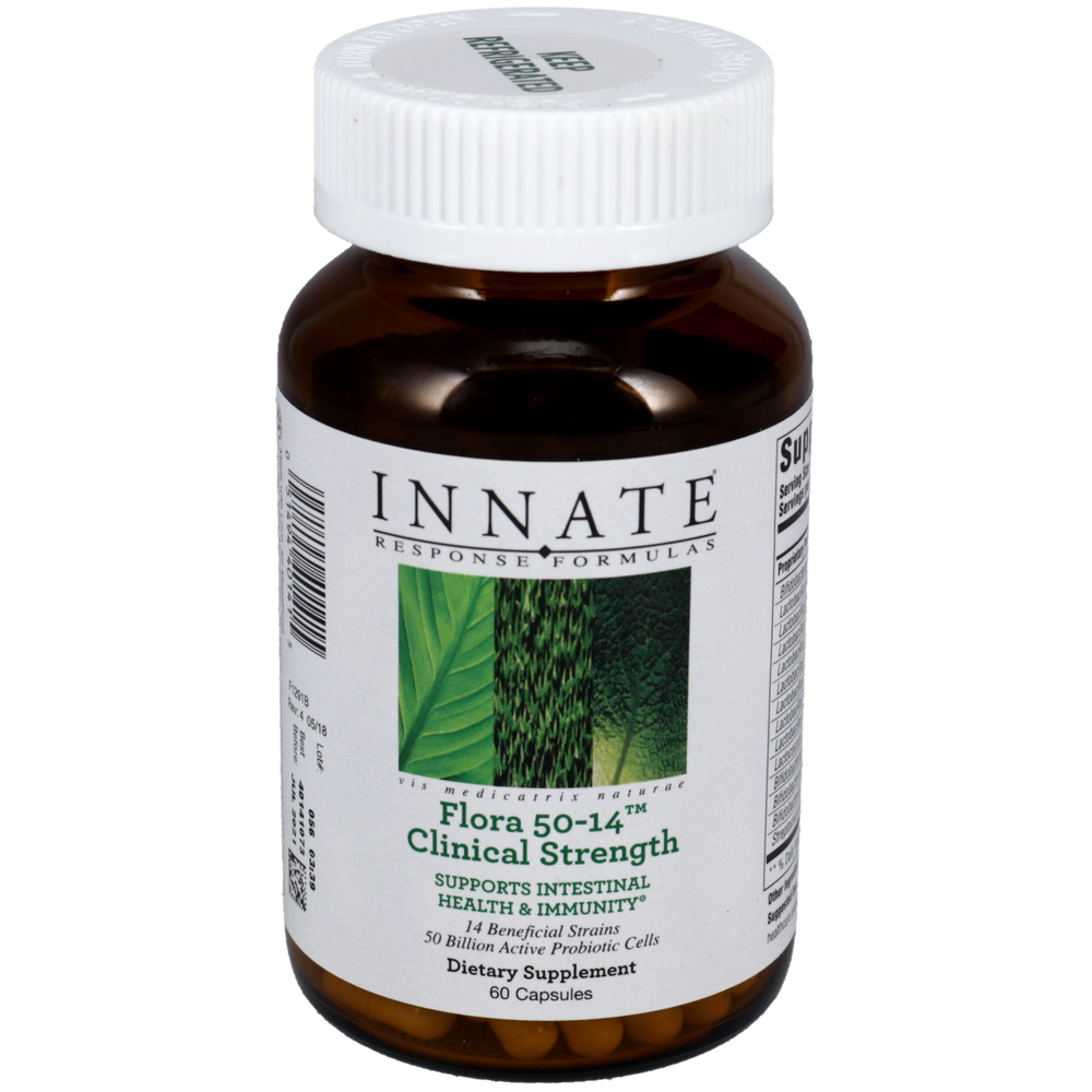 A bottle of Innate Response Flora 50-14 Clinical Strength dietary supplement with a green and white label.