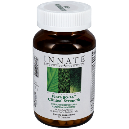 A bottle of Innate Response Flora 50-14 Clinical Strength dietary supplement with a green and white label.