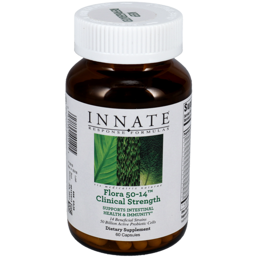 A bottle of Innate Response Flora 50-14 Clinical Strength dietary supplement with a green and white label.