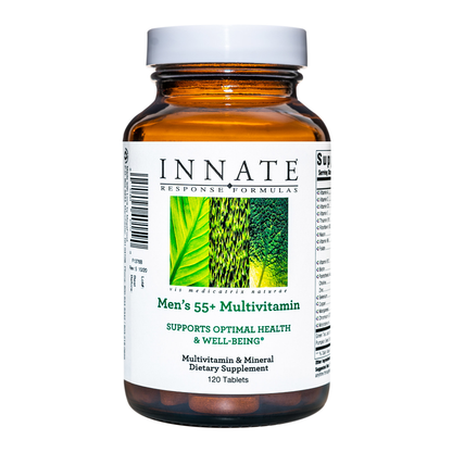 A bottle of Innate Response Men's 55+ Multivitamin with 120 tablets, labeled as supporting optimal health and well-being.