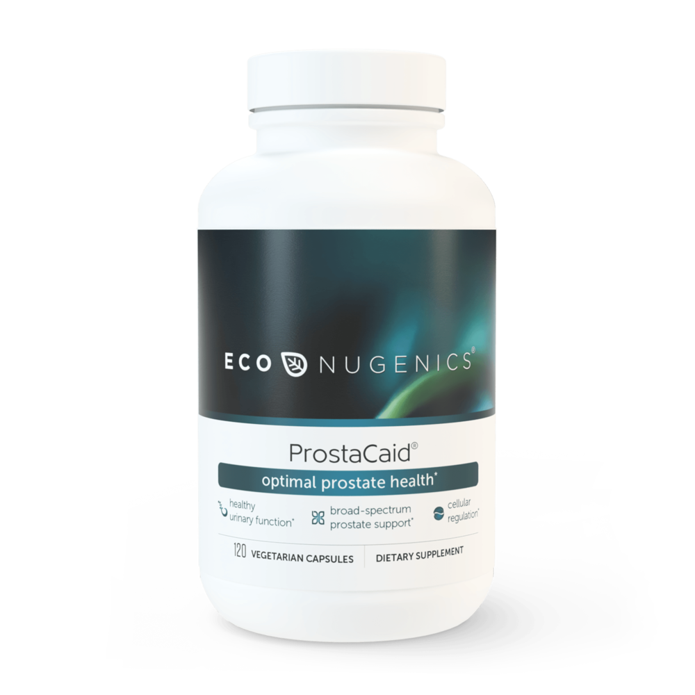 A bottle of EcoNugenics ProstaCaid, which is a dietary supplement for prostate health.