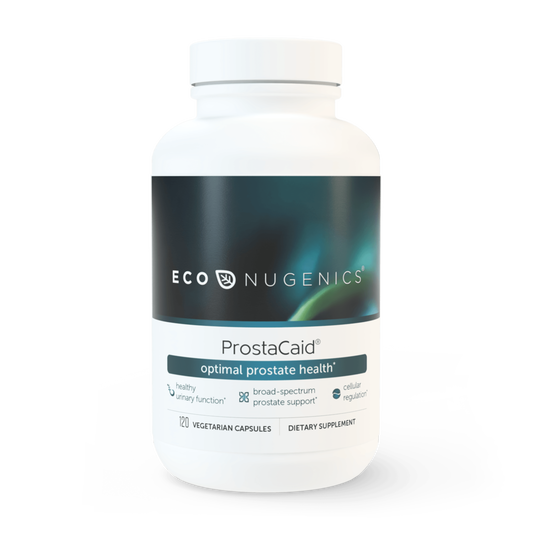 A bottle of EcoNugenics ProstaCaid, which is a dietary supplement for prostate health.