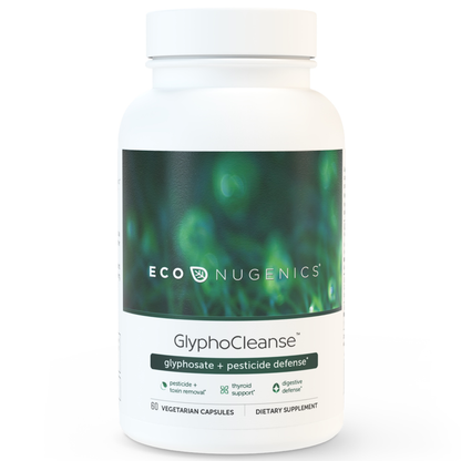 A bottle of EcoNugenics GlyphoCleanse, a dietary supplement designed for detoxification and support against environmental toxins.