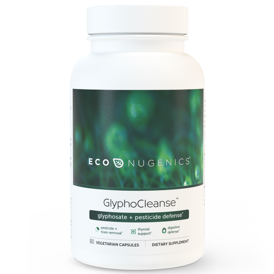 A bottle of EcoNugenics GlyphoCleanse, a dietary supplement designed for detoxification and support against environmental toxins.