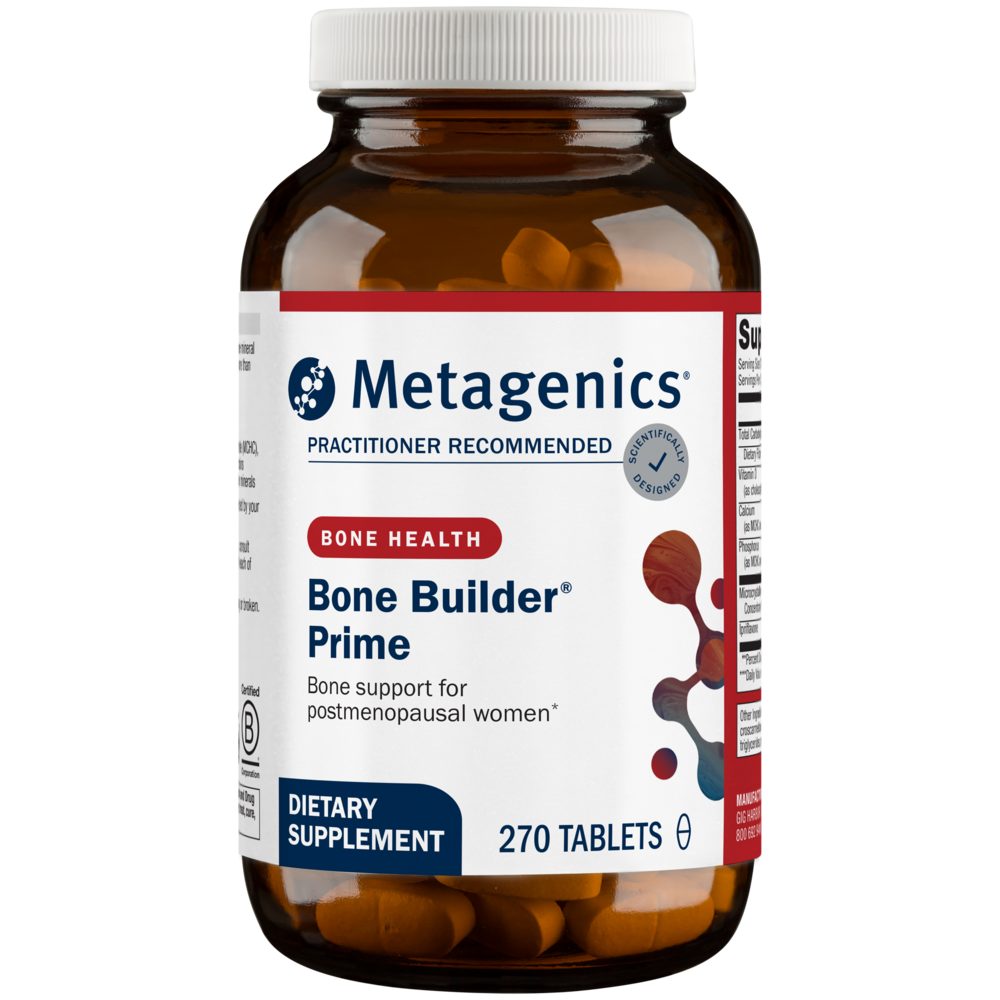 Metagenics Bone Builder Prime dietary supplement bottle on a white background