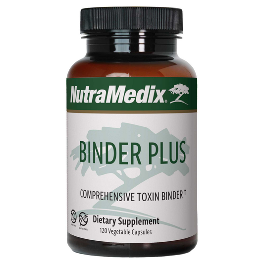 A bottle of Nutramedix Binder Plus, a dietary supplement with a green and white label, indicating it contains 120 vegetable capsules for detoxification.
