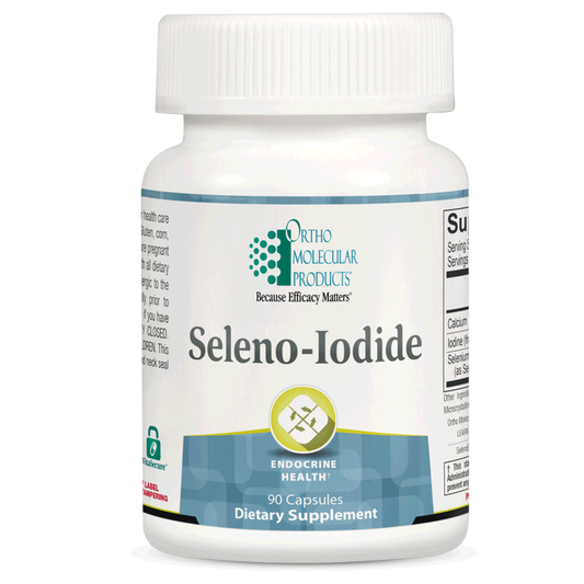 Supplement bottle labeled 'Seleno-Iodide' by Ortho Molecular Products on a white background
