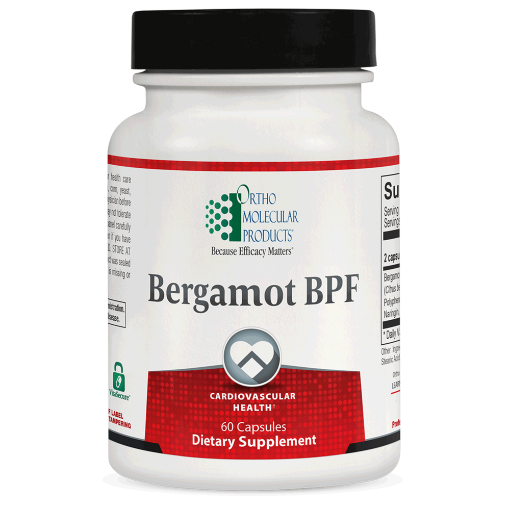 Supplement bottle labeled 'Bergamot BPF' by Ortho Molecular Products on a white background