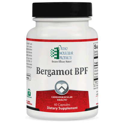 Supplement bottle labeled 'Bergamot BPF' by Ortho Molecular Products on a white background