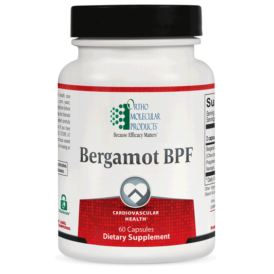 Supplement bottle labeled 'Bergamot BPF' by Ortho Molecular Products on a white background