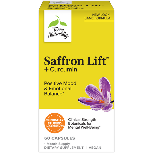 Terry Naturally Saffron Lift + Curcumin packaging, featuring 60 capsules for positive mood and emotional balance, with a yellow background, floral design, and vegan indication.