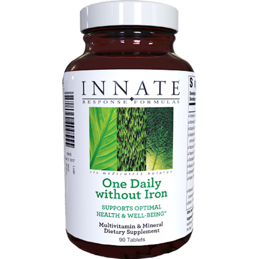 A bottle of Innate Response One Daily without Iron, which is a multivitamin and mineral dietary supplement with 90 tablets.