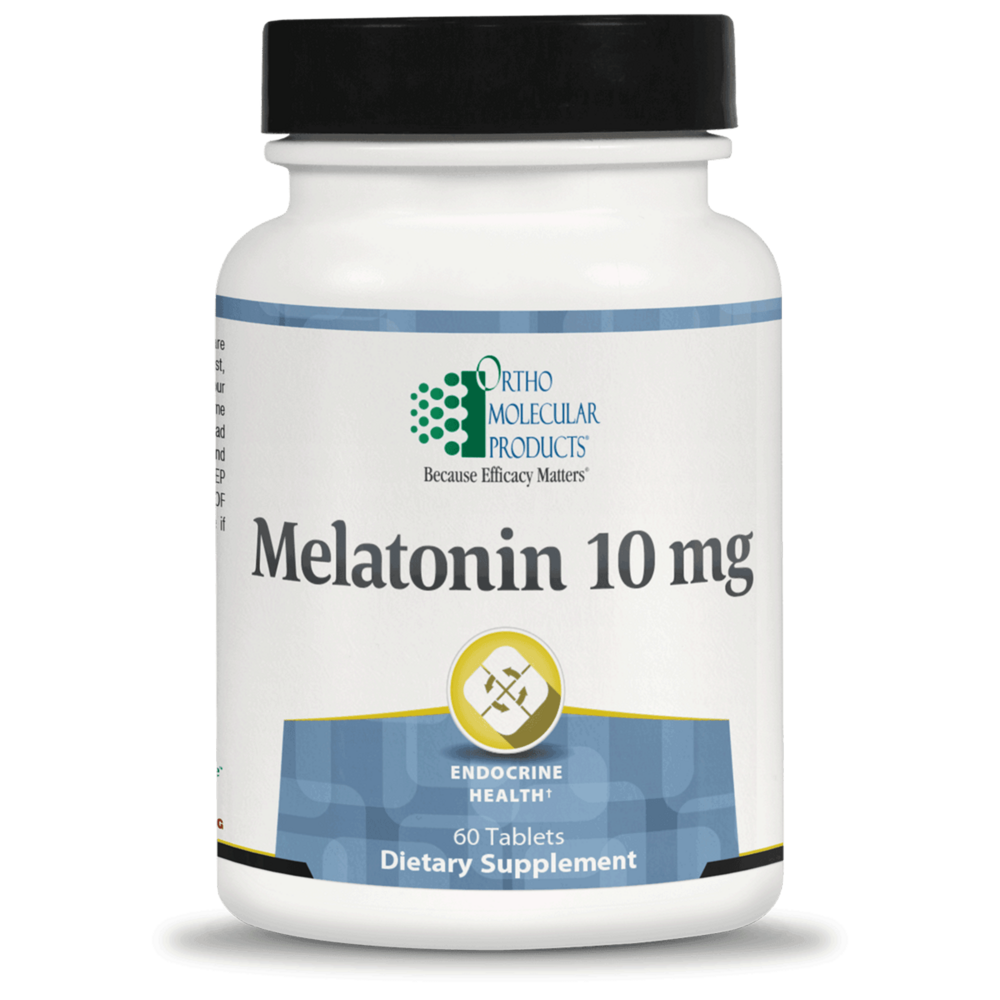 Bottle of Ortho Molecular Products Melatonin 10 mg dietary supplement on a white background