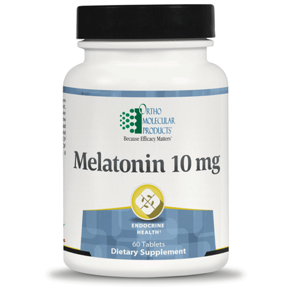 Bottle of Ortho Molecular Products Melatonin 10 mg dietary supplement on a white background