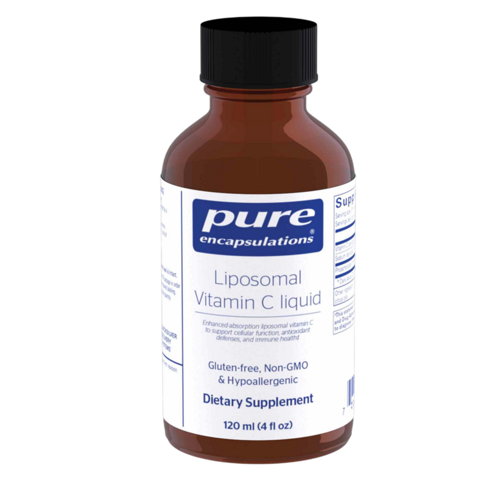 Bottle of pure encapsulations Liposomal Vitamin C liquid on a white background