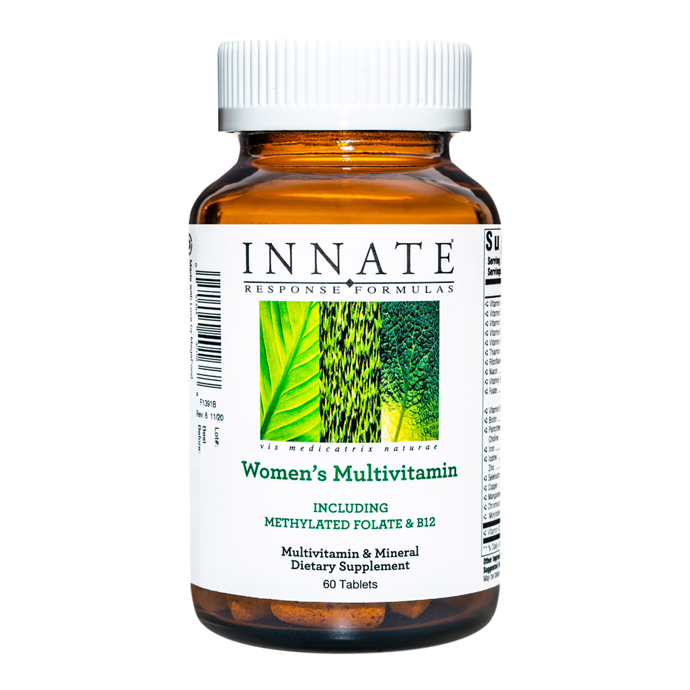 A bottle of Innate Response Women's Multivitamin supplement with 60 tablets, featuring leafy green artwork on the label.