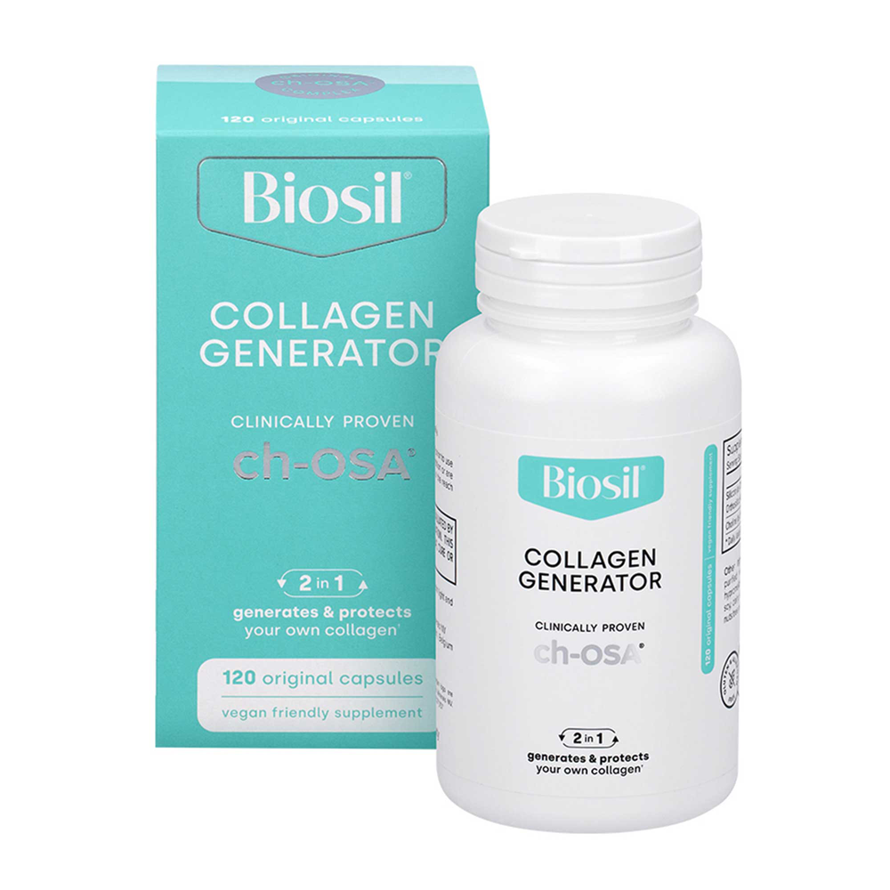 Biosil Collagen Generator supplement bottle and packaging on a white background