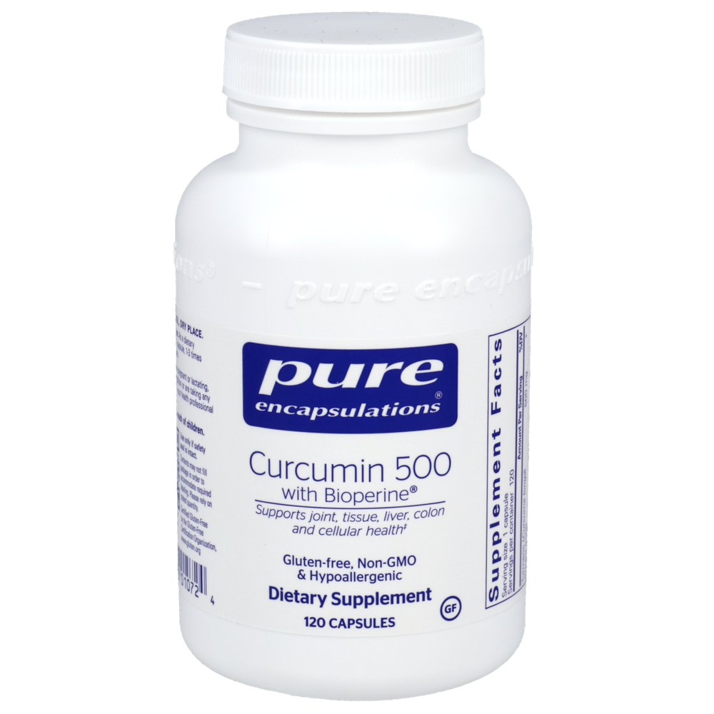 Supplement bottle labeled 'pure encapsulations Curcumin 500 with Bioperine' on a white background
