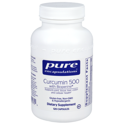 Supplement bottle labeled 'pure encapsulations Curcumin 500 with Bioperine' on a white background